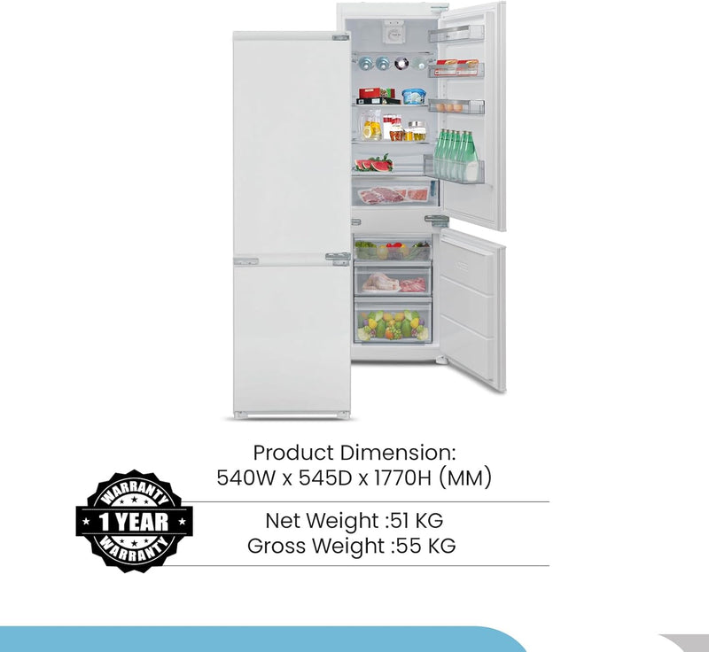 Bompani 275L Double Door Built-in Refrigerator, No Frost, Bottom Freezer, Mechanical Controls, Frost-Free System - BO6862NF - White