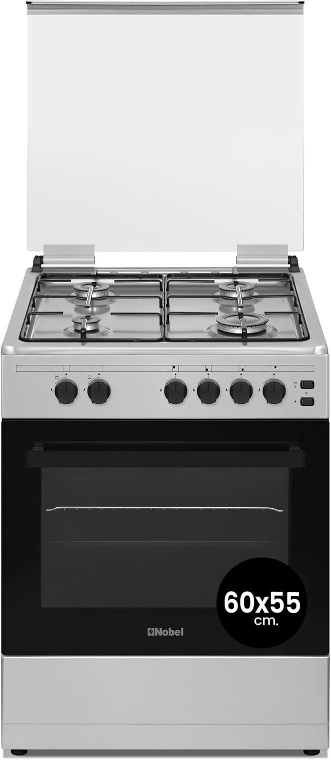 Nobel 60 x 55 Gas Cooker, 4 Gas Burner, Gas Oven & Gas Grill, 6 Knob, Manual Button Ignition, Glass Lid, Inner Light, FFD Protection, 59.8 x 56.7 x 85.3 cm, Silver, Made In Turkey NGC7406