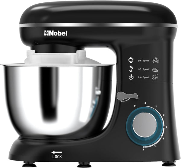 Nobel Stand Mixer, Full Metal Gear System, 4L Stainless Steel Bowl - 6 Speeds, LED, Safety Switch, Anti-slip Feet, 800W NBM60 Black