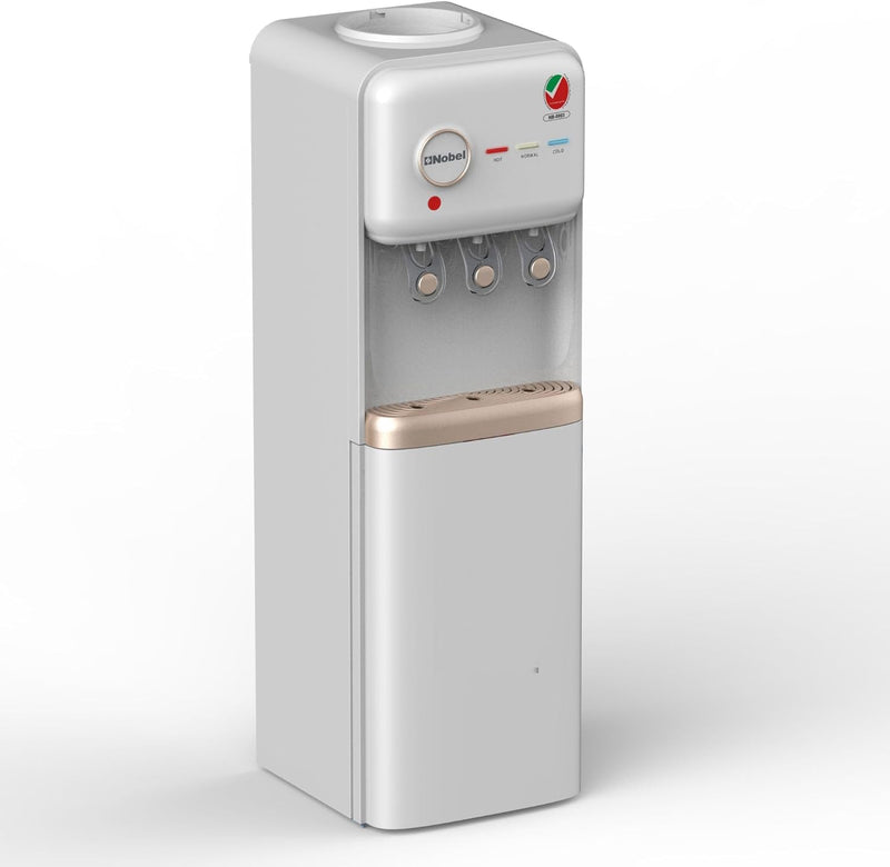 Nobel Freestanding 3 Tap Water Dispenser with Hot, Normal & Cold Taps, Refrigerator, 670W Power - NWD1608R White