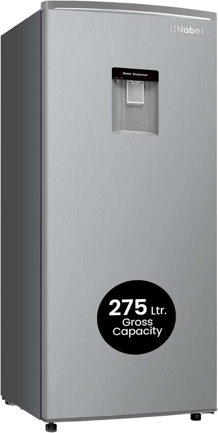 Nobel 210L Gross, 190L Net Single Door Refrigerator with Water Dispenser, Defrost, Mechanical Temp Control, Recessed Handle, R600a Refrigerant, 2 Glass Shelves, Vegetable Crisper - NR210SS Silver