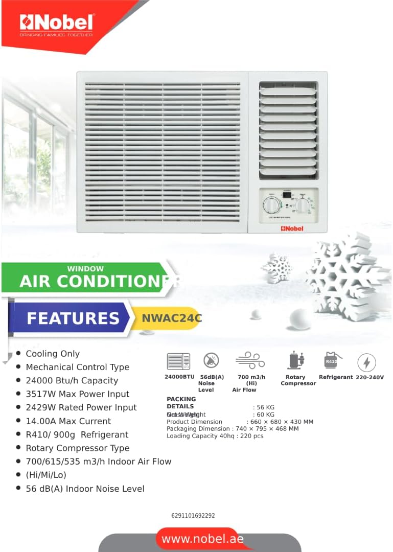 Nobel Window Air Conditioner 24000 BTU/h Cooling, 4-way Airflow, Auto Restart, T3 Climatic Condition NWAC24C1 White