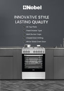 Nobel 60x60 Free Standing Gas Cooker with Gas Oven & Grill – 4 Gas Burners, Full Safety, Mechanical Timer, Rotisserie, Cast-Iron Pan Supports, Stainless Steel Finish – Made in Turkey NGC6062 Silver