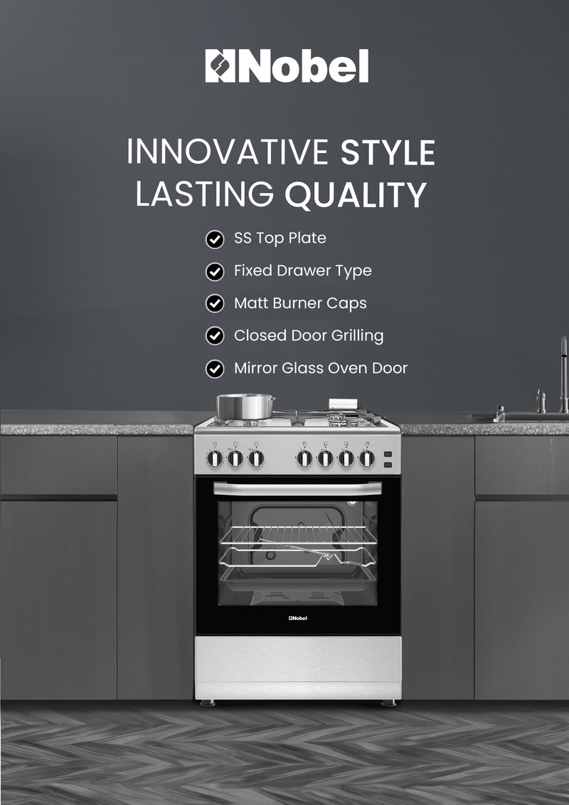 Nobel 60x60 Free Standing Gas Cooker with Gas Oven & Grill – 4 Gas Burners, Full Safety, Mechanical Timer, Rotisserie, Cast-Iron Pan Supports, Stainless Steel Finish – Made in Turkey NGC6062 Silver