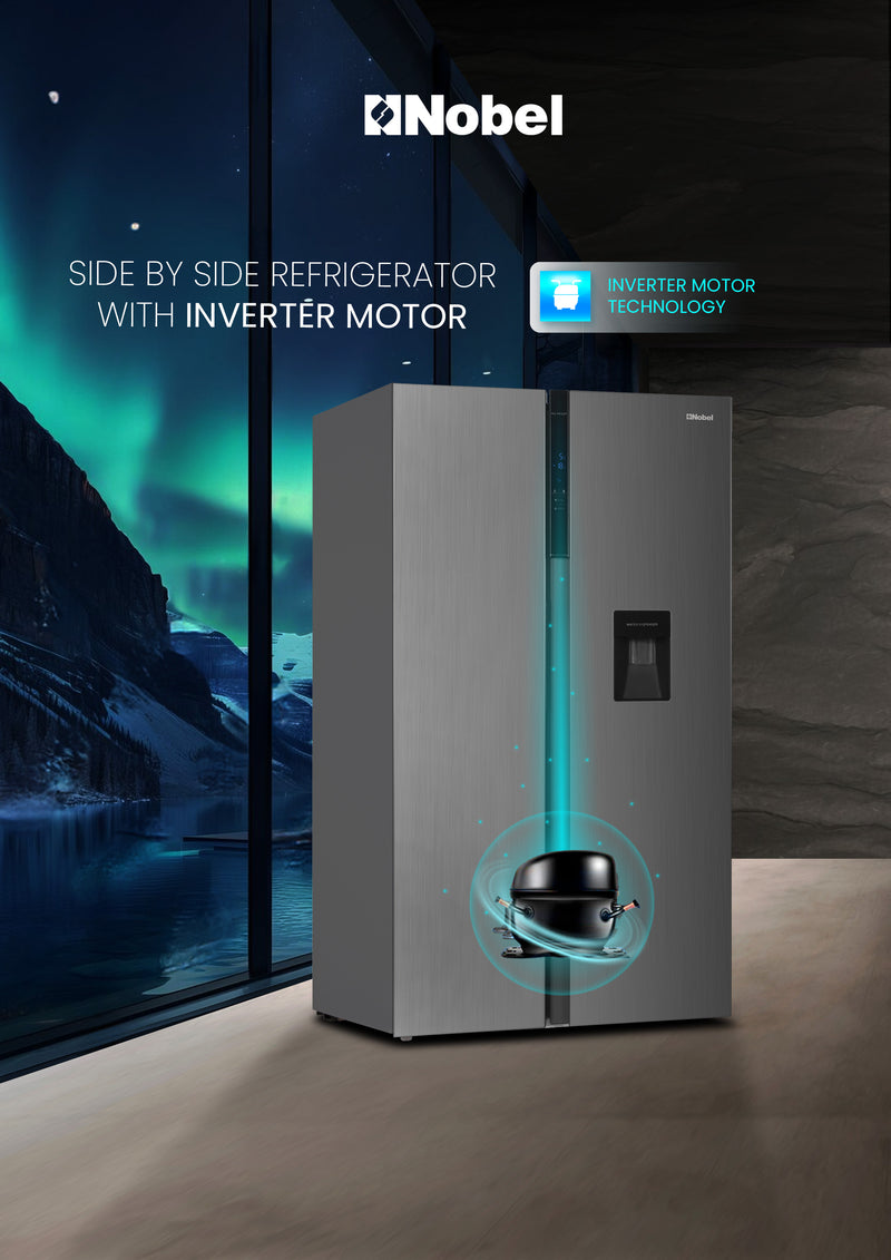 Nobel 700L Gross / 518 Capacity Side by Side Refrigerator, NoFrost, External Handle with Water Dispenser, LED Light, Twist Ice Maker, Digital Display,Interior Lights, Automatic NR620WDI Silver