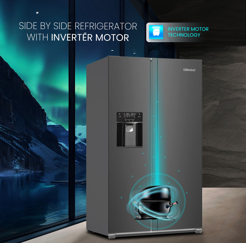 Nobel 750L Gross /501L Net Capacity Side By Side Refrigerator, No Frost, R600a Refrigerant, External Digital Display, LED Lights, Automatic Ice Maker, Super Freeze, Door Alarm, NR800SIM Inox