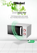 Nobel 20 Liters Capacity Microwave Oven, Knobs Control, 35mins Setting Time, 5 Power Levels, Cooking End Signal, Defrost Setting with 1Year Warranty NMO22M White