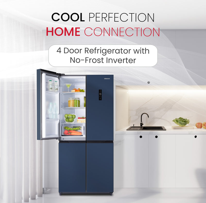 Nobel 445 Gross Ltr French Four Door Bottom Freezer Refrigerator, No Frost, Inverter, Tropical Cooling, Digital Display, R600a, 4 Star Esma, 83 x 65 x185.5 cm Blue NR640