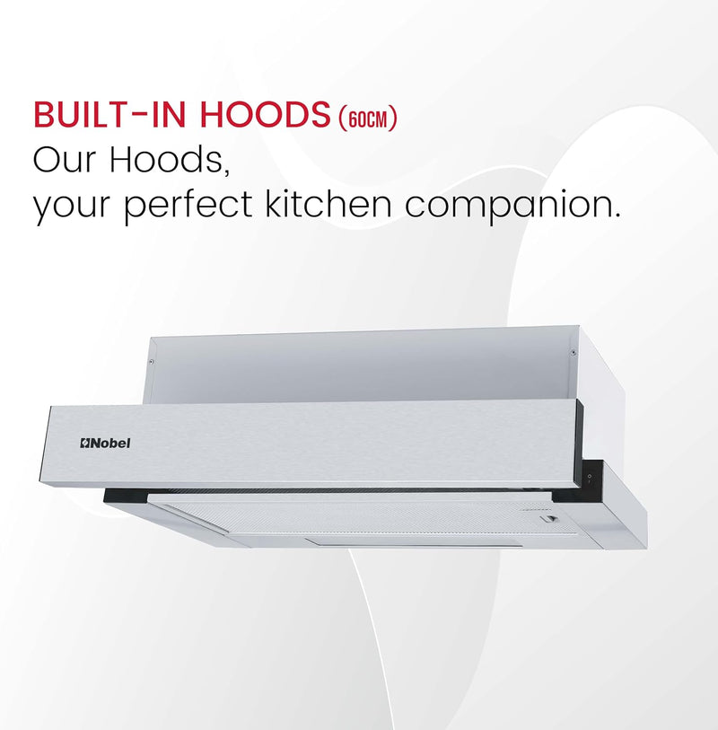 Nobel RANGE HOOD 60cm Built-in Hoods 2 Speed Rocker Switch, 3-Layer Aluminum Filter(2pcs), 2x65W Motor, 440m3/h. with 2pcs Carbon Filter NCHP60ST