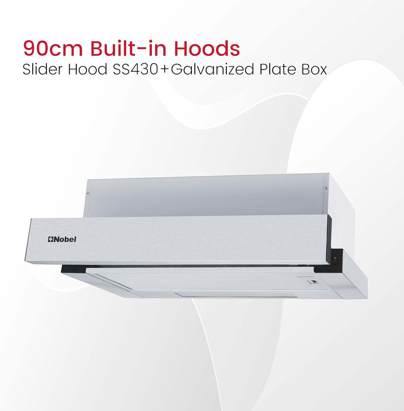 Nobel RANGE HOOD 90cm Built-in Hoods, 2 Speed Rocker Switch 3-Layer Aluminum Filter(2pcs) Slider Hood SS430+Galvanized Plate Box NCHP90ST