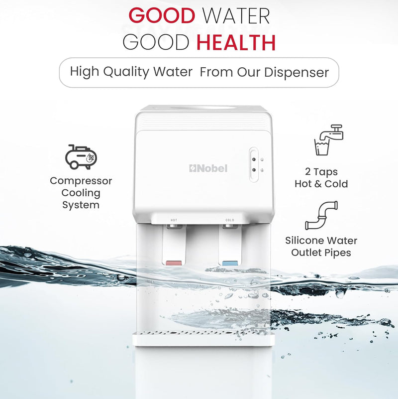 Nobel Water Dispenser, Hot & Cold, 2 Taps, Compressor Cooling, 5L/H Heating, 2L/H Cooling, Silicon Water Outlet Pipes NWD1603 White