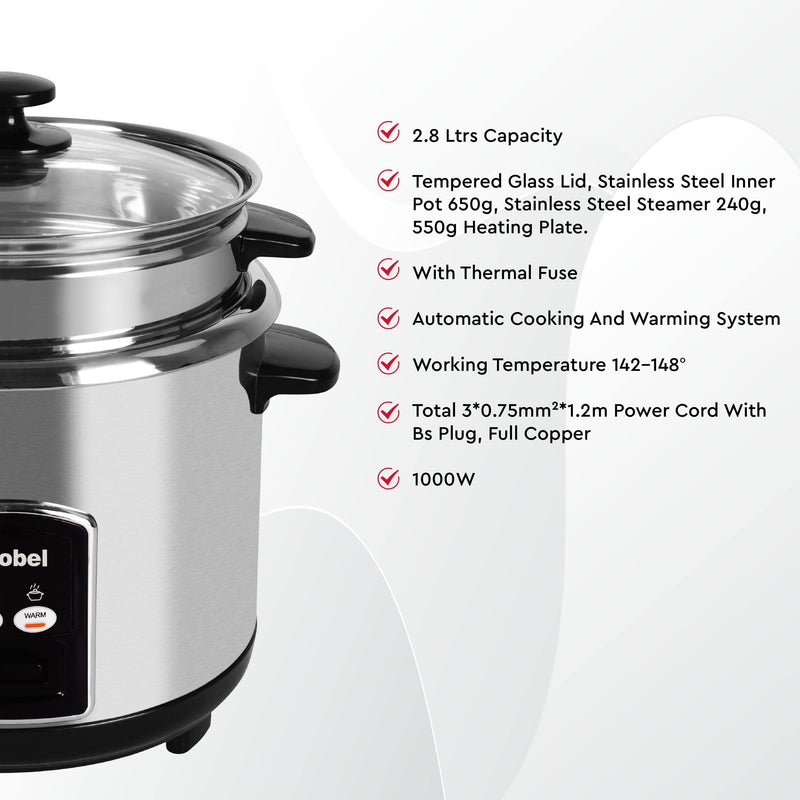 Nobel 2.8 Litres Rice Cooker Stainless Steel Tempered Glass Lid With Thermal Fuse Automatic Cooking And Warming System NRC280S Silver 1 Year Warranty