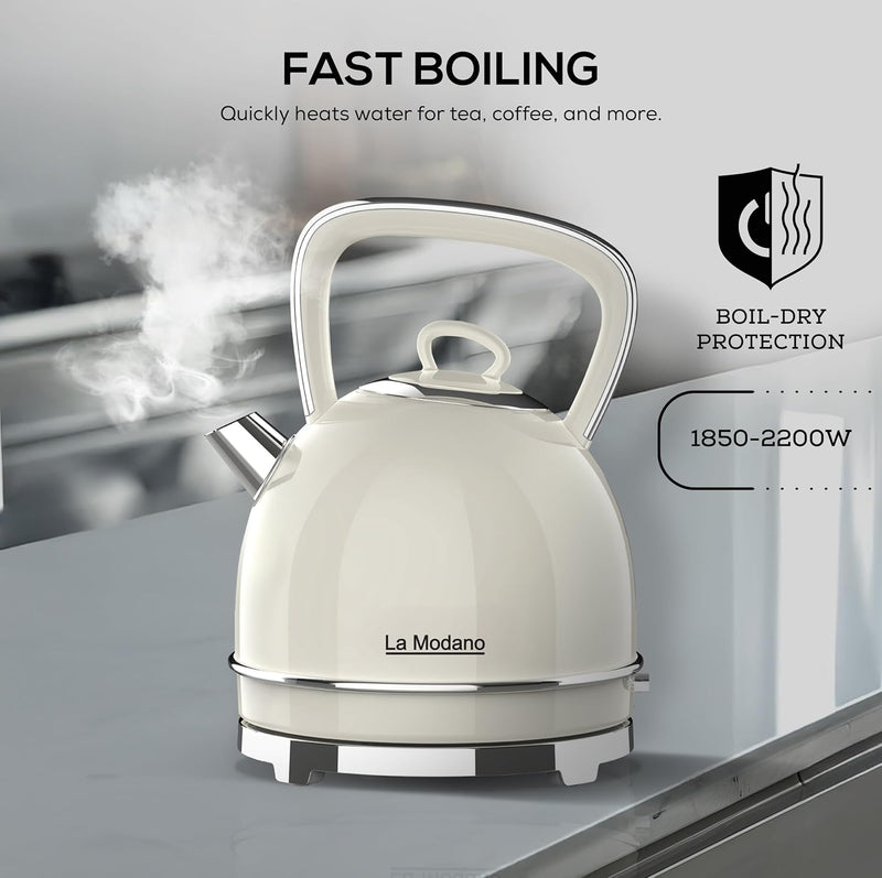 La Modano Retro Style Electric Kettle, 1.7L Capacity, Stainless Steel Housing, Water Window, Dry Boil Protection, Cordless Serving Base, Strix Controller, Blue Light On/Off Switch 2200W - LMEK17EX