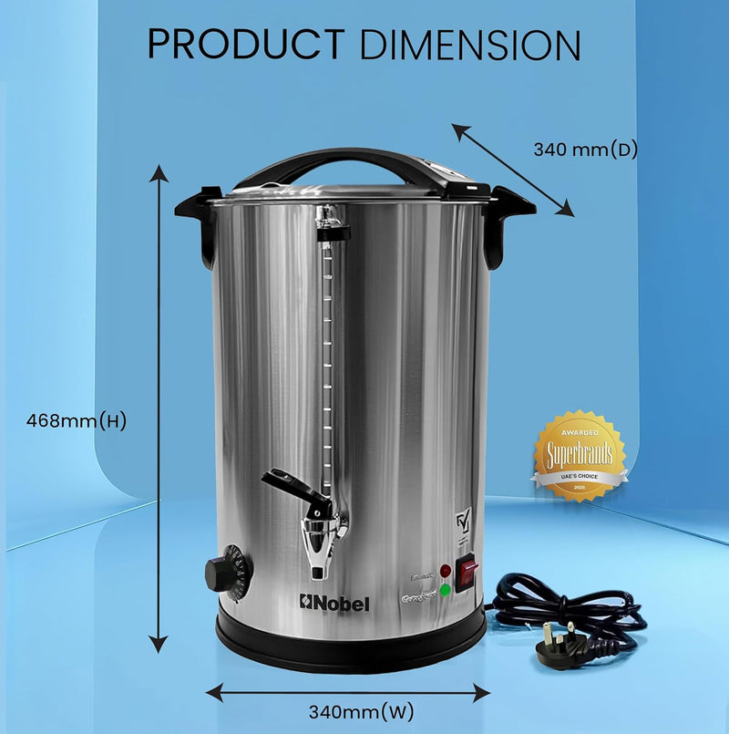 Nobel Water Boiler 1500W 16L Double Wall Stainless Steel, Safety Lock Lid, Non-Drip Brass Faucet, Keep Warm Function - NWB1600
