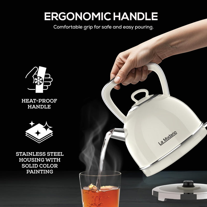 La Modano Retro Style Electric Kettle, 1.7L Capacity, Stainless Steel Housing, Water Window, Dry Boil Protection, Cordless Serving Base, Strix Controller, Blue Light On/Off Switch 2200W - LMEK17EX