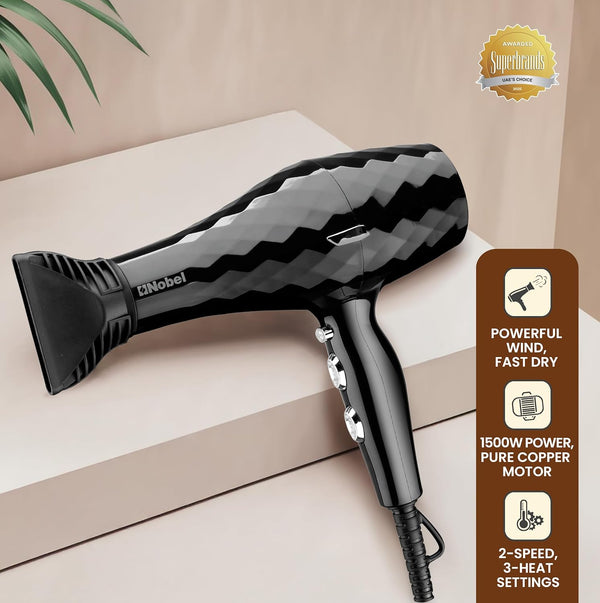 Nobel Hair Dryer 1500W with Pure Copper DC Motor Fast Dry, Overheat Protection, Cool Button, 2 Speeds, 3 Heat Settings - NHD850