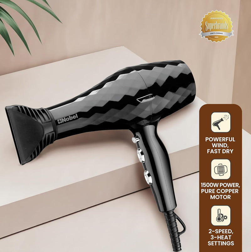 Nobel Hair Dryer 1500W with Pure Copper DC Motor Fast Dry, Overheat Protection, Cool Button, 2 Speeds, 3 Heat Settings - NHD850
