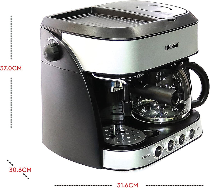 Nobel Coffee Machine 1.25 Liter Espresso & Americano With Steam Pump One Year Full Warranty, Silver - NCM13