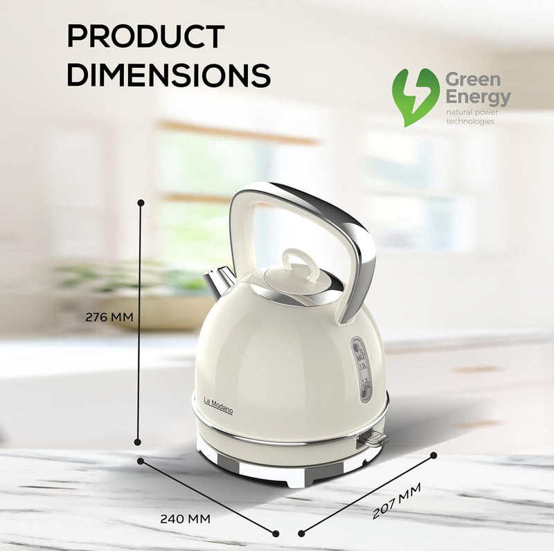 La Modano Retro Style Electric Kettle, 1.7L Capacity, Stainless Steel Housing, Water Window, Dry Boil Protection, Cordless Serving Base, Strix Controller, Blue Light On/Off Switch 2200W - LMEK17EX