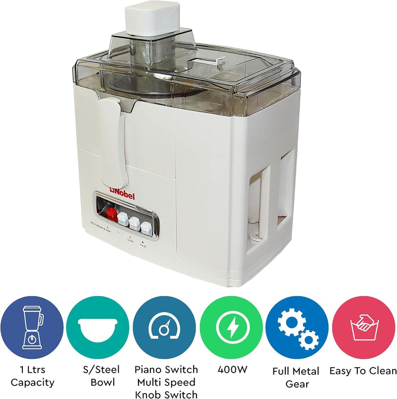 Nobel 10 in 1 Juicer Food Factory with 1 Litres Piano Switch Multi Speed Knob Switch and Citrus Juicer Kubbe Maker - NFP888 White