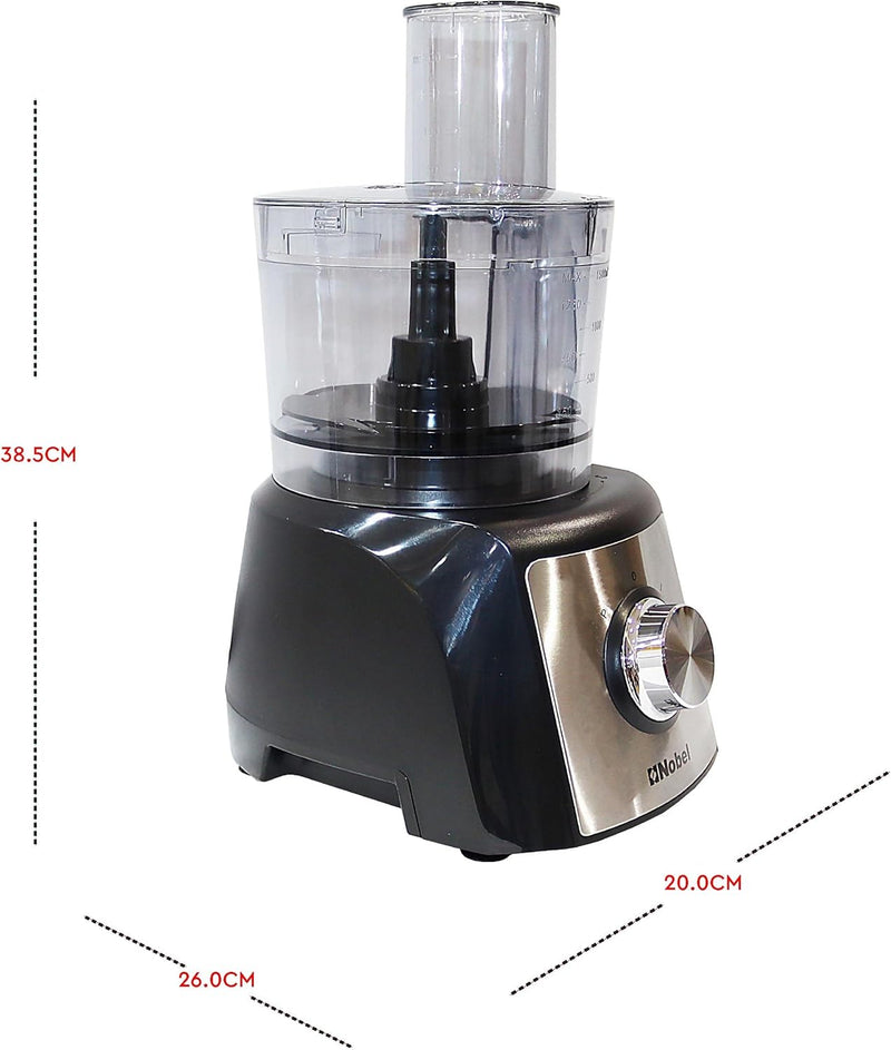 NOBEL 10 in 1 Juicer Food Factory 1.5 Litre 800W 2 Speed - Pulse 3 Cutting Plates Over Heat Protection Anti Slip Feet NFP777E Black with 1 Year Warranty