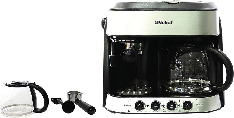 Nobel Coffee Machine 1.25 Liter Espresso & Americano With Steam Pump One Year Full Warranty, Silver - NCM13