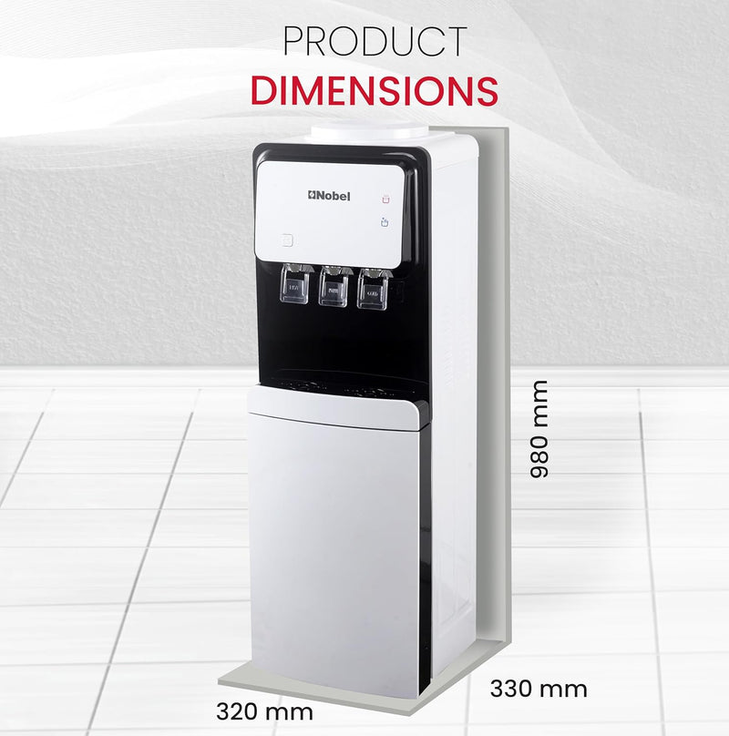 Nobel 3 Tap Water Dispenser, Freestanding Dispenser, Hot, Normal & Cold, R134a Compressor Cooling, Storage Cabinet NWD1700 White