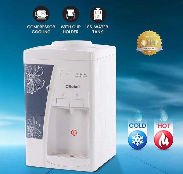Nobel Table Top Water Dispenser 550W Hot & Cold, Compressor Cooling System, 5L Hot/2L Cold Per Hour, Top Loading, Heating - NWD557