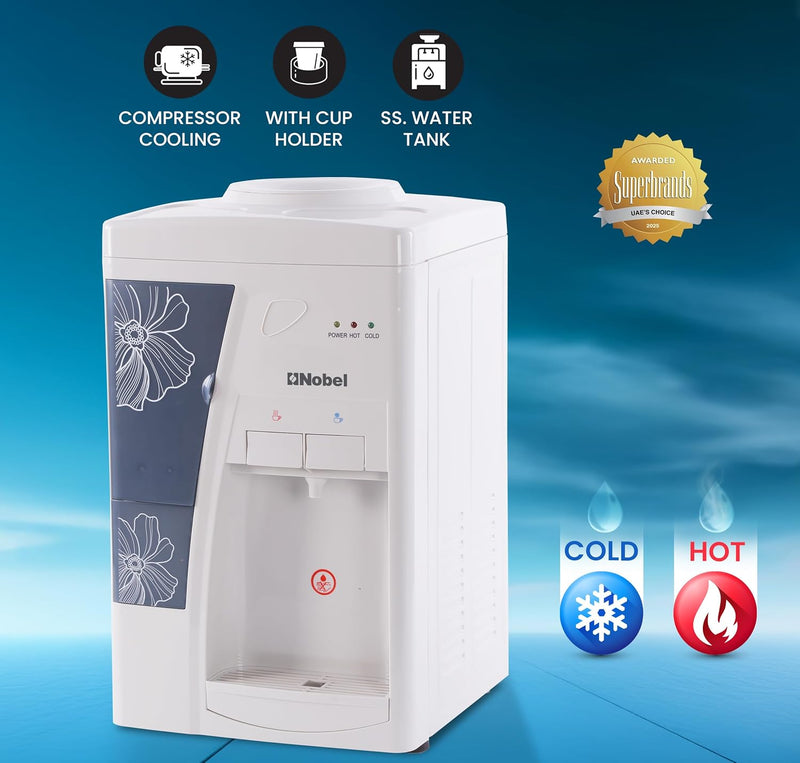 Nobel Table Top Water Dispenser 550W Hot & Cold, Compressor Cooling System, 5L Hot/2L Cold Per Hour, Top Loading, Heating - NWD557