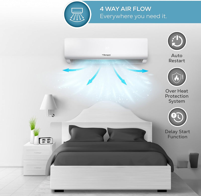 Bompani 1.5 Ton Split AC With 18000 BTU, Inverter Rotary Compressor, Auto-Restart, 4-Way Airflow, Overload Protection, Self-Diagnosis, Replaceable Air Filter, One Year Full Warranty - BSAC187VT1