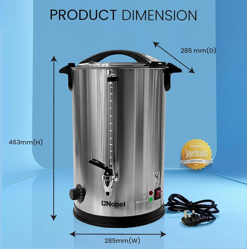 Nobel 10L Water Boiler – Stainless Steel Double Wall, Safety Lock Lid, Non-Drip Faucet, Keep Warm Function - NWB1000