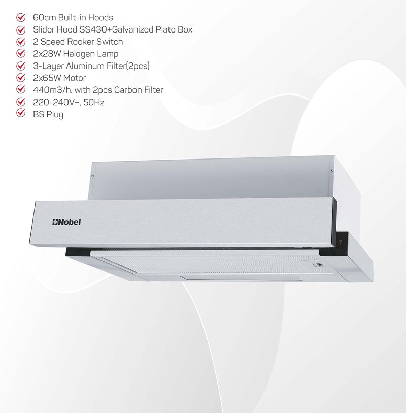 Nobel RANGE HOOD 90cm Built-in Hoods, 2 Speed Rocker Switch 3-Layer Aluminum Filter(2pcs) Slider Hood SS430+Galvanized Plate Box NCHP90ST