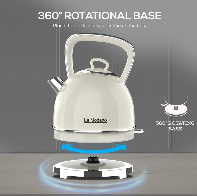 La Modano Retro Style Electric Kettle, 1.7L Capacity, Stainless Steel Housing, Water Window, Dry Boil Protection, Cordless Serving Base, Strix Controller, Blue Light On/Off Switch 2200W - LMEK17EX