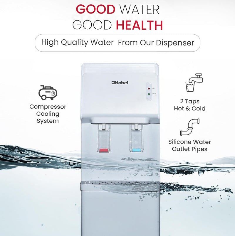 Nobel Water Dispenser, Hot & Cold, 2 Taps, Compressor Cooling, 5L/H Heating, 2L/H Cooling, Silicon Water Outlet Pipes NWD1603 White