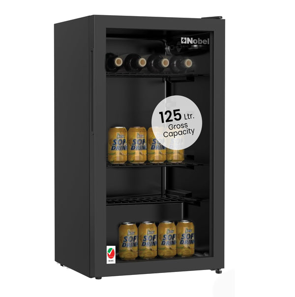 Nobel 125L Gross/ 85L Net Capacity Bottle Chiller Single Glass Door, Mechanical Control, LED Light, Adjustable Temperature, Energy Efficient, R600a Refrigerant NBC125RH Black