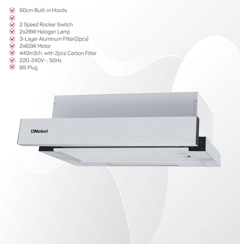 Nobel RANGE HOOD 60cm Built-in Hoods 2 Speed Rocker Switch, 3-Layer Aluminum Filter(2pcs), 2x65W Motor, 440m3/h. with 2pcs Carbon Filter NCHP60ST