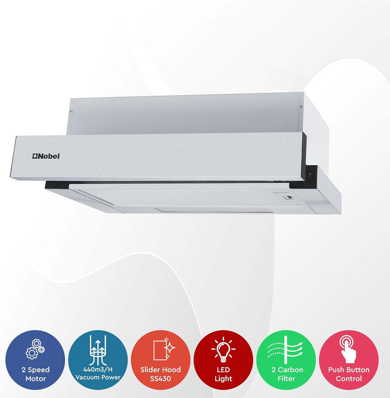 Nobel RANGE HOOD 90cm Built-in Hoods, 2 Speed Rocker Switch 3-Layer Aluminum Filter(2pcs) Slider Hood SS430+Galvanized Plate Box NCHP90ST