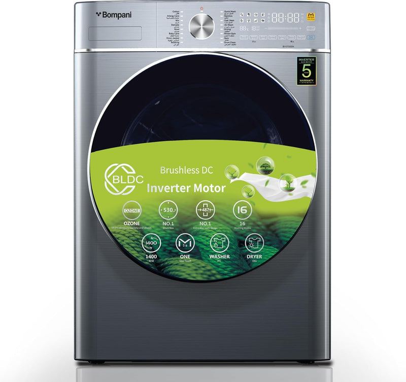 Bompani Washer Dryer 9/6 Kg, Fully Automatic Front Load Combo Wash & Dry, 9 Kg Wash & 6 Kg Dry, 1400 RPM, 16 Wash Programs, Quick Wash in 15min & 4 Drying Programs – BI1070SSN Silver