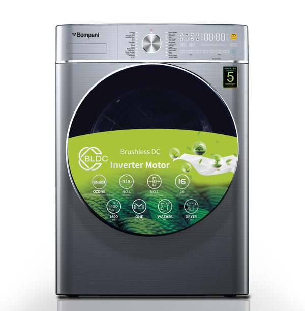 Bompani Washer Dryer 9/6 Kg, Fully Automatic Front Load Combo Wash & Dry, 9 Kg Wash & 6 Kg Dry, 1400 RPM, 16 Wash Programs, Quick Wash in 15min & 4 Drying Programs – BI1070SSN Silver