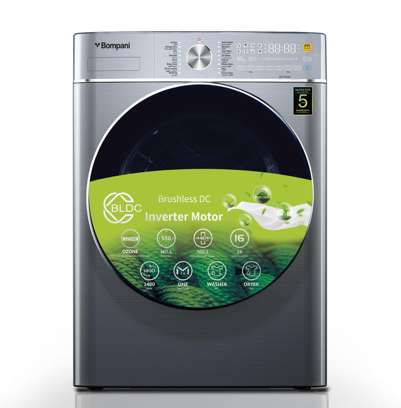 Bompani Washer Dryer 9/6 Kg, Fully Automatic Front Load Combo Wash & Dry, 9 Kg Wash & 6 Kg Dry, 1400 RPM, 16 Wash Programs, Quick Wash in 15min & 4 Drying Programs – BI1070SSN Silver