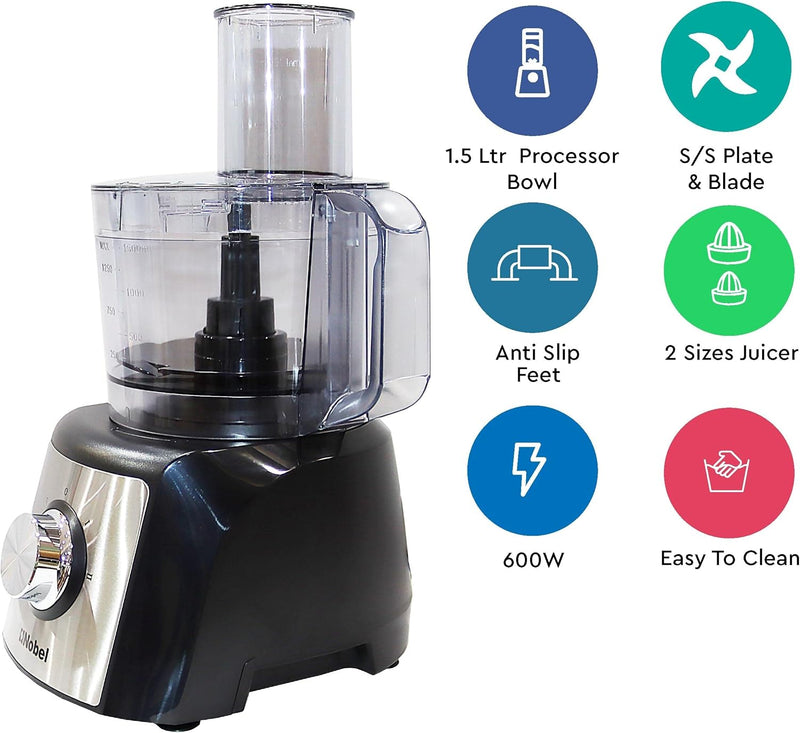 NOBEL 10 in 1 Juicer Food Factory 1.5 Litre 800W 2 Speed - Pulse 3 Cutting Plates Over Heat Protection Anti Slip Feet NFP777E Black with 1 Year Warranty