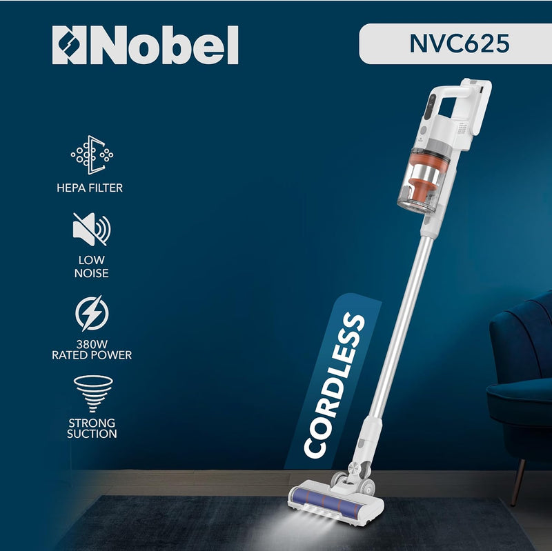 Nobel 2 in 1 Rechargeable Stick Cordless Vacuum Cleaner with 1.20L Max Dust Capacity and 25.9V Lithium Battery, Standard (35min), Max (12min) Speed, Wireless Operation with HEPA Filter NVC625