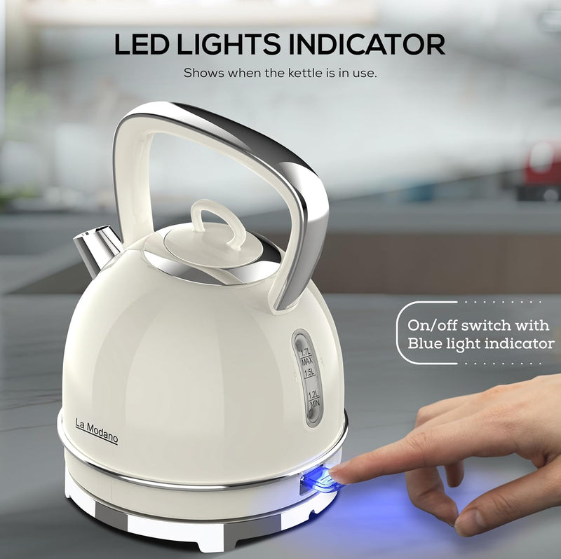 La Modano Retro Style Electric Kettle, 1.7L Capacity, Stainless Steel Housing, Water Window, Dry Boil Protection, Cordless Serving Base, Strix Controller, Blue Light On/Off Switch 2200W - LMEK17EX