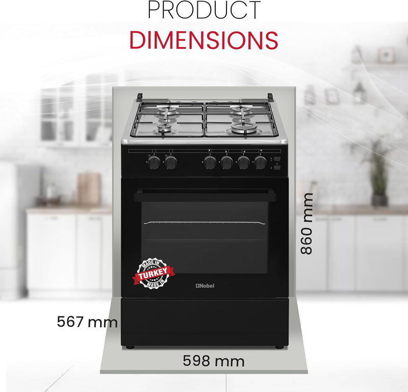 Nobel 60 x 55 Gas Cooker, 4 Gas Burner, Gas Oven & Gas Grill, 6 Knob, Manual Button Ignition, Glass Lid, 59.8 x 56.7 x 86 cm, Black, Made In Turkey NGC7407BK