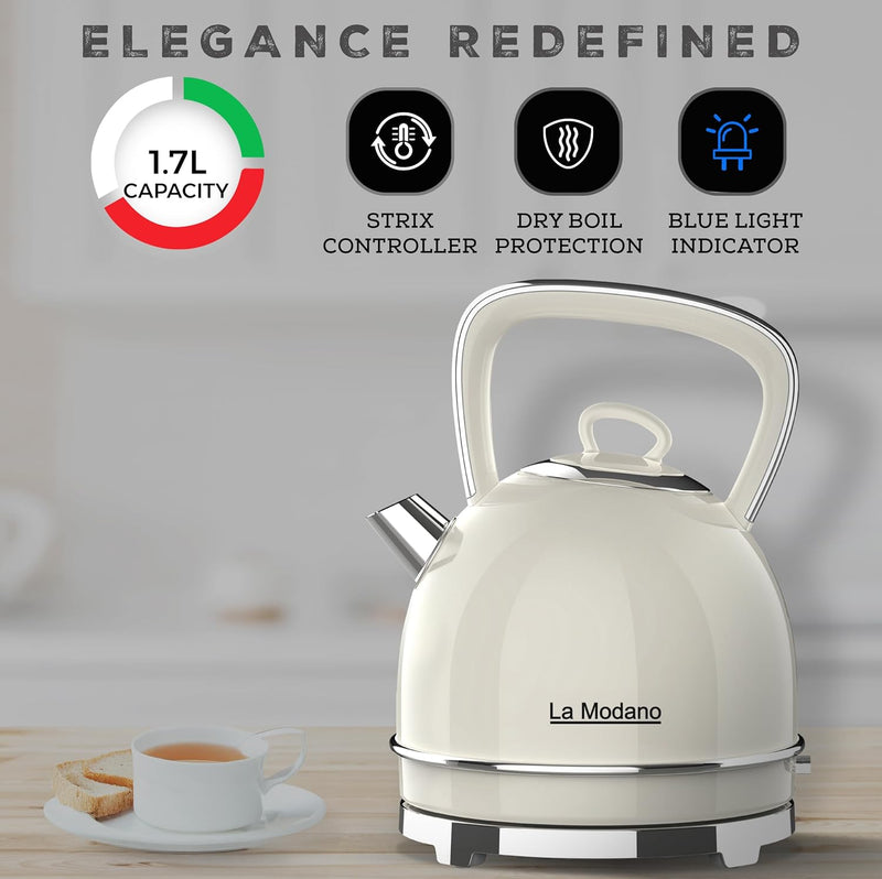 La Modano Retro Style Electric Kettle, 1.7L Capacity, Stainless Steel Housing, Water Window, Dry Boil Protection, Cordless Serving Base, Strix Controller, Blue Light On/Off Switch 2200W - LMEK17EX