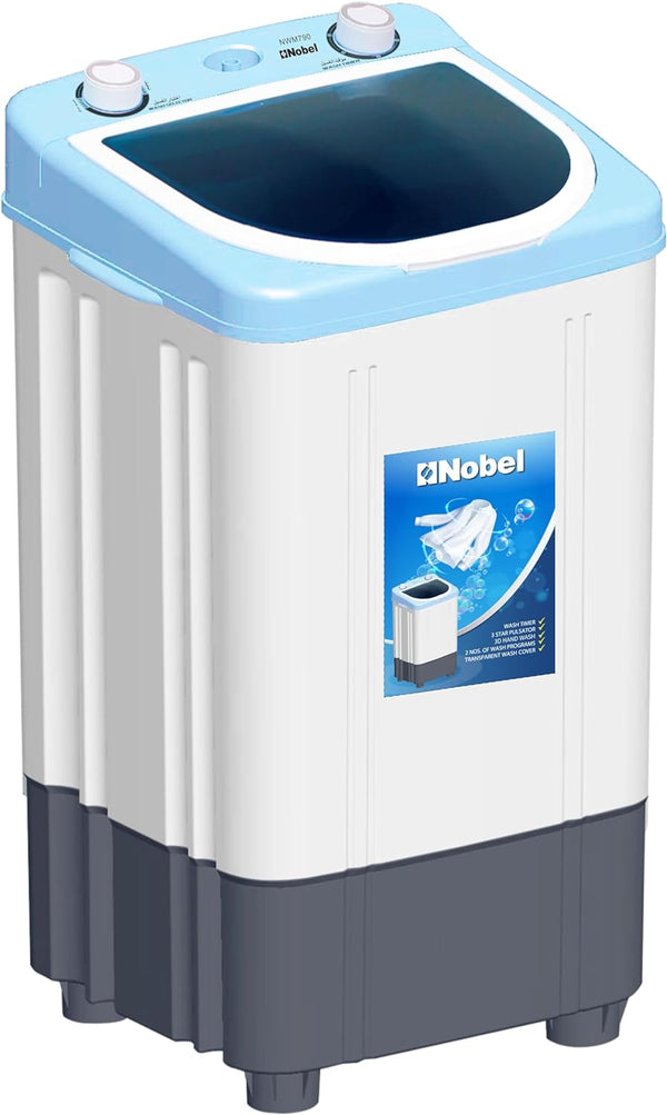 Nobel Single Tub Washing Machine, 7 Kgs Capacity, 15 mins Wash Time, Transparent ABS Blue Cover, IPX4 Rated NWM790 White