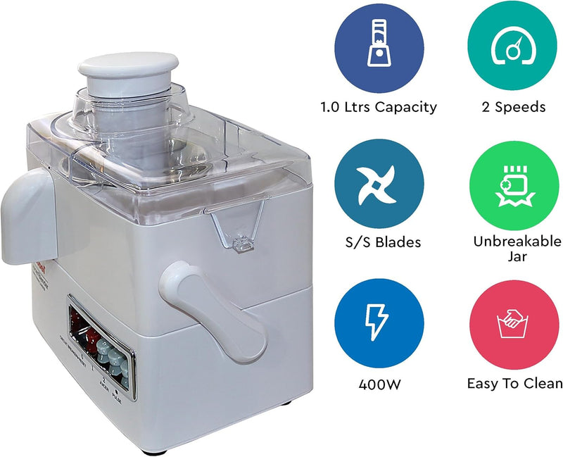 Nobel 4 in 1 Juicer and Food Factory with 1 Litre Capacity and has Spinner Chopper & Dry Mill 400W 2 Speed - Pulse Grinder, Chopper, Blender, Juicer, Unbreakable Jar & Anti Slip Feet NJ176G4 White