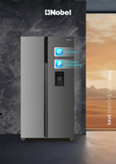 Nobel 700L Gross / 518 Capacity Side by Side Refrigerator, NoFrost, External Handle with Water Dispenser, LED Light, Twist Ice Maker, Digital Display,Interior Lights, Automatic NR620WDI Silver