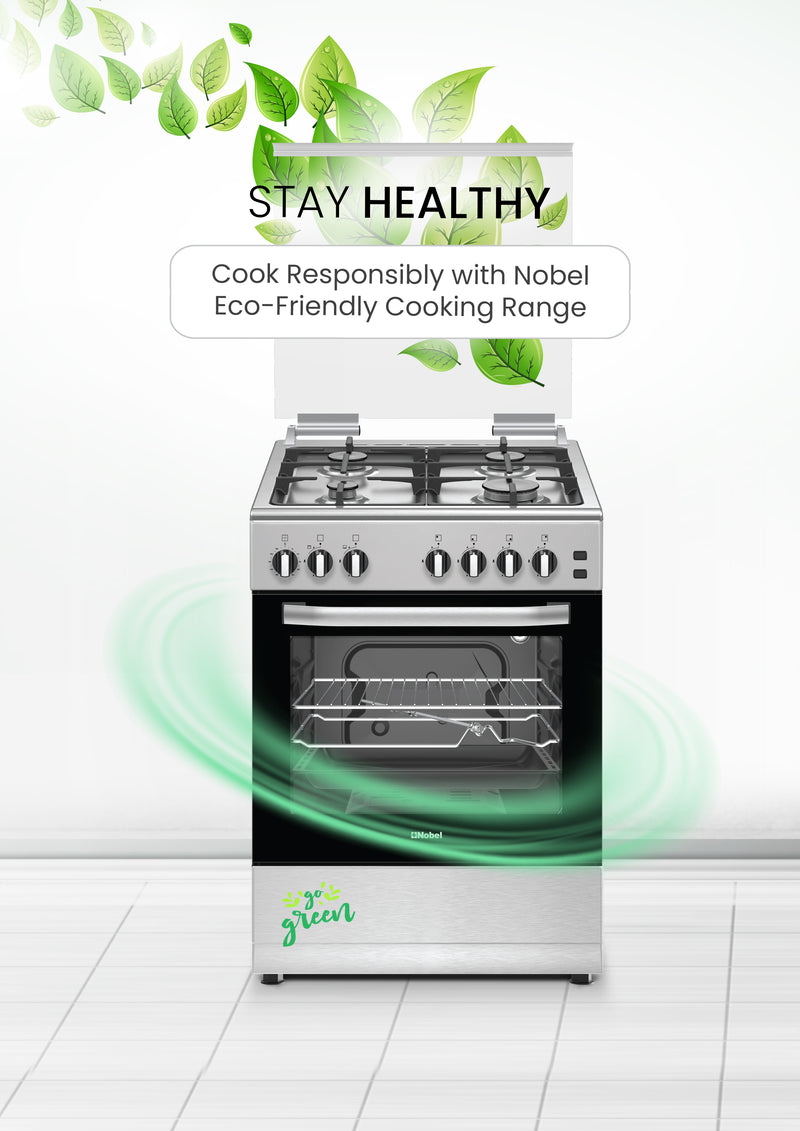 Nobel 60x60 Free Standing Gas Cooker with Gas Oven & Grill – 4 Gas Burners, Full Safety, Mechanical Timer, Rotisserie, Cast-Iron Pan Supports, Stainless Steel Finish – Made in Turkey NGC6062 Silver