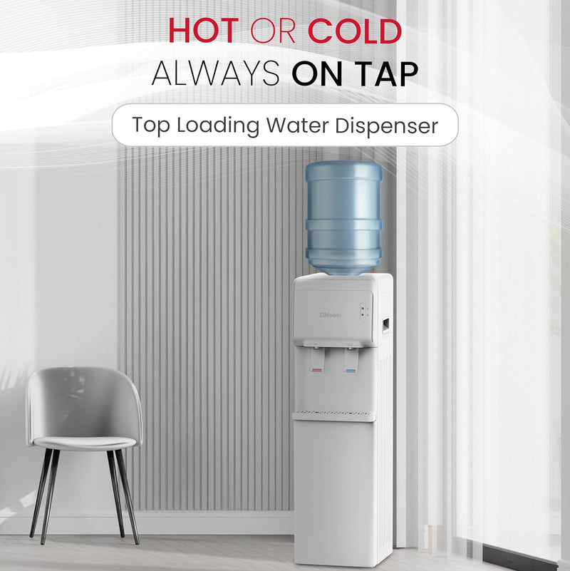 Nobel Water Dispenser, Hot & Cold, 2 Taps, Compressor Cooling, 5L/H Heating, 2L/H Cooling, Silicon Water Outlet Pipes NWD1603 White